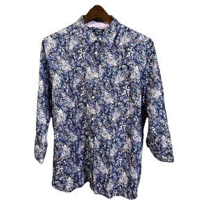 CHAPS No Iron Women’s Floral Button Up Shirt Cotton Size 2X Blue Cottage Peasant